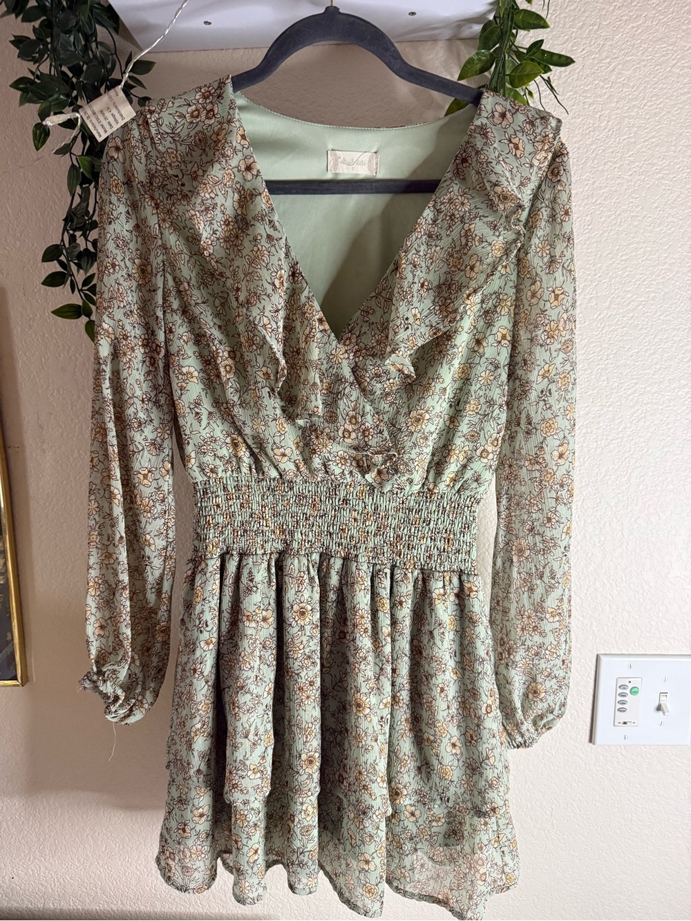 Altar'd State Sage Green Floral Smocked V-Neck Mini Dress